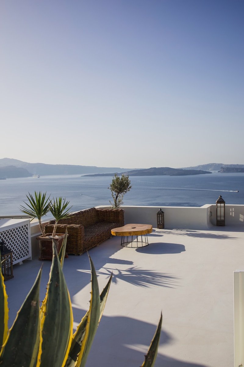 A patio with a view of the ocean